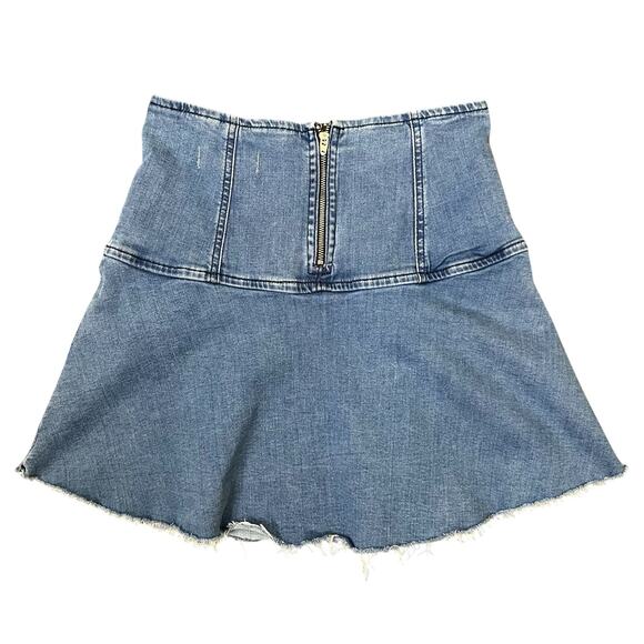 Free People Denim Jean Skirt 0 XS Med Wash Frayed Raw Hem Mini High Waist Cotton - Picture 5 of 10